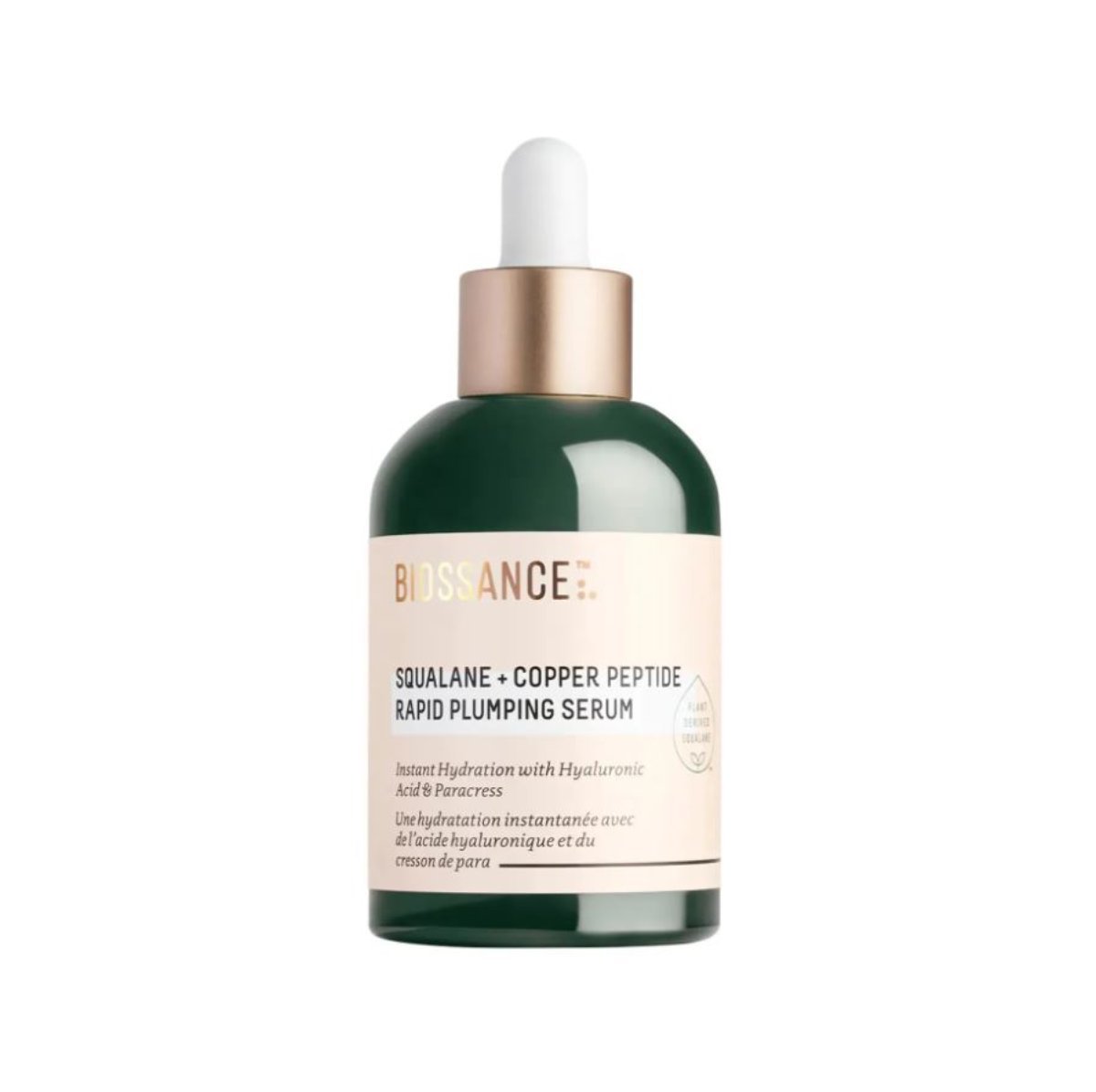 Biossance Squalane + Copper Peptide Rapid Plumping Serum čini kožu blistavom.