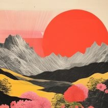 ilustracija sunca planina i polja