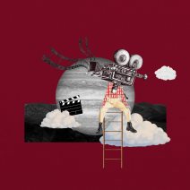 Ilustracija čoveka koji sedi na merdevinama. Umesto glave ima filmsku kameru, a iza njega su oblaci i planeta.