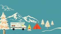 Ilustracica planina, jelki, šatora i kamiona.