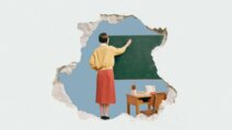 Ilustracija profesorke koja piše po zelenoj tabli.