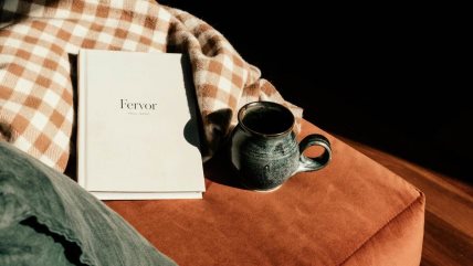 Cozy kutak - fotelja od pliša, knjiga i šolja.