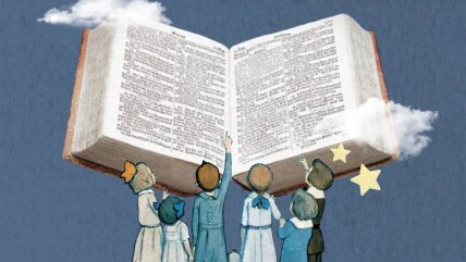 Ilustracija dece koja čitaju ogromnu knjigu, oko njih su oblasi i zvezde.