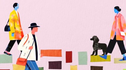 Ilustracija tri osobe koje hodaju. Jedan šeta psa.