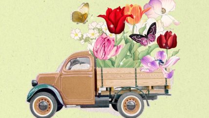 Ilustracija kamiona na kom je cveće.