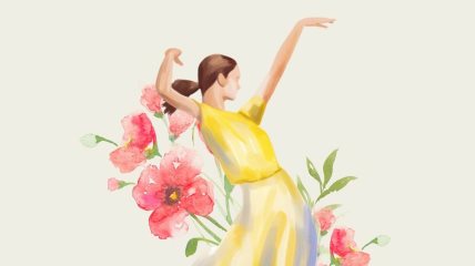 Ilustracija žene koja pleše, iza nje je roze cveće.