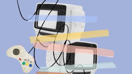 Ilustracija starog televizora i konzole za igrice.