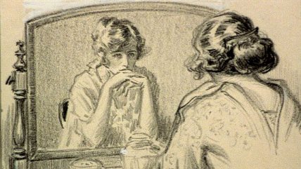 Crtež žene koja se ogleda u ogledalu.