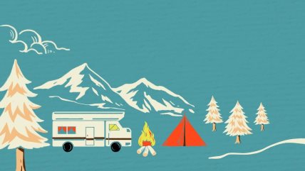 Ilustracica planina, jelki, šatora i kamiona.