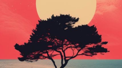 Ilustracija drveta iza kog je more i mesec.