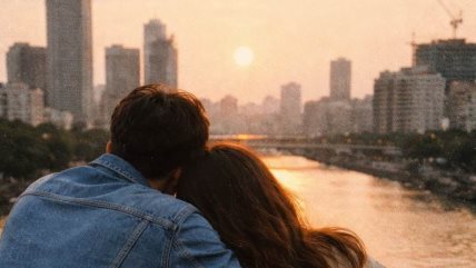 Dvoje ljudi zagrljeni gledaju na grad.