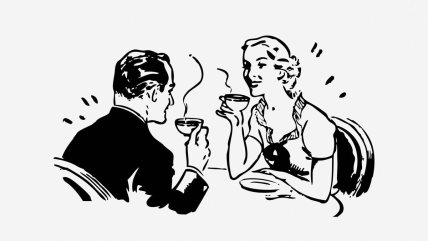 Ilustracija dvoje ljudi koji piju kafu.