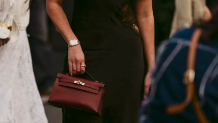 Krupan kadar na braon torbu koju drži ženska ruka.