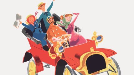 Ilustracija nasmejanih ljudi koji se voze autom.