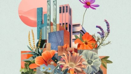 Ilustracija zgrade sa cvećem.