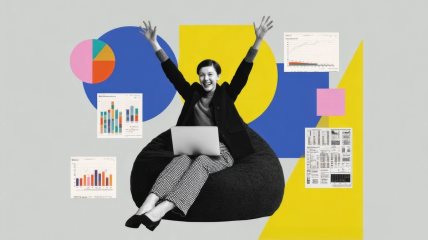 Ilustracija žene koja se smeje, iza nje su tabele, linijski i kružni grafikoni.