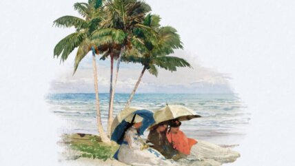 Ilustracija devojaka koje sede na plaži.