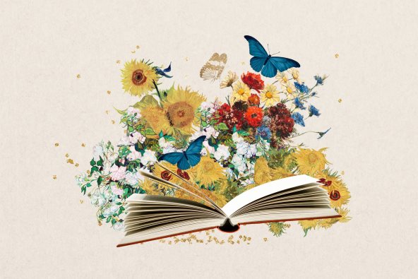 Ilustracija knjige iz koje izlazi cveće i leptiri.