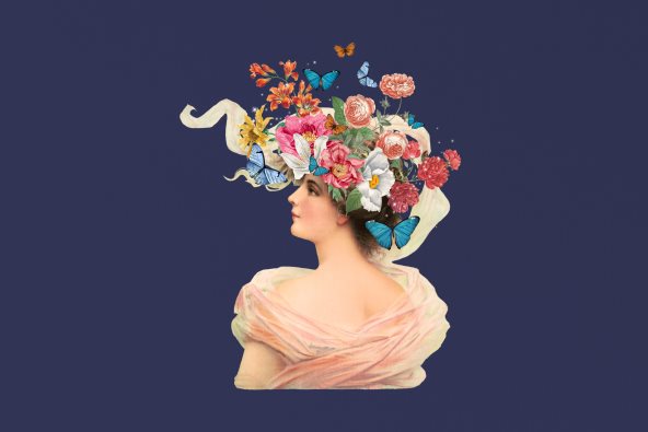Ilustračije žene koja imam šešir od cveća i oko koje lete leptiri.