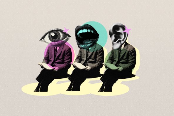 Ilustracija tri osobe koje sede i čitiaju knjigu. Prvi umesto glave ime oko, drugi usta i treći uvo.