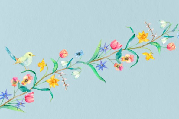 Ilustracija grane sa cvećem i male plave ptice na njoj.
