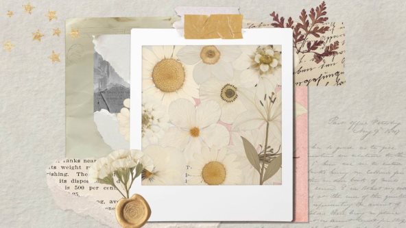 Ilustracija slike polaroida na kojoj je cveće, zalepljena na stari papir.