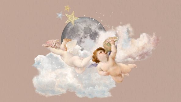 Ilustracija Meseca oko kog su oblaci i dva anđelčića.