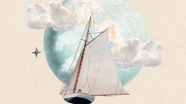 Ilustracija planete oko koje su oblaci i jedna jedrilica.