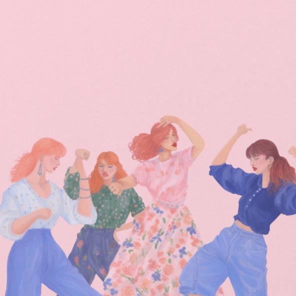 Ilustracija četiri žene koje plešu, iza njij je roze pozadina.