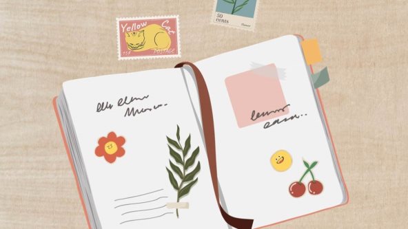 Ilustracija otvorene knjige na kojoj su zalepljene nalepnice raznih oblika.