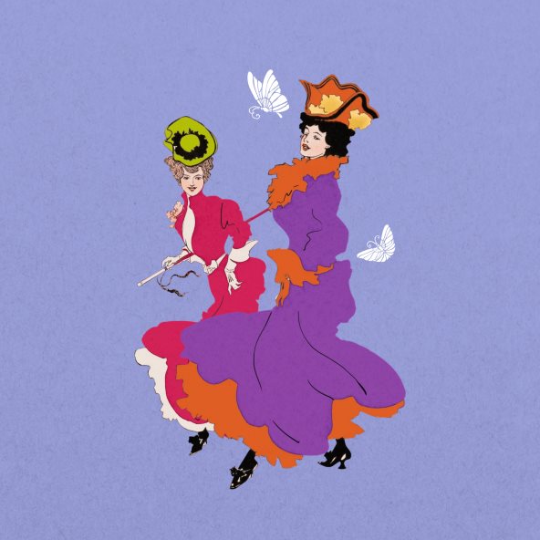 Ilustracija dve žene u šarenim haljinama koje plešu.