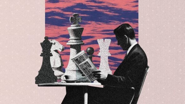Ilustracija čoveka koji sedi i čita novine, iza njega su velike šahovske figure.