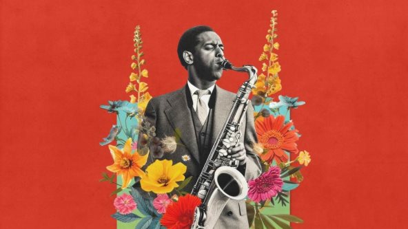 Ilustracija čoveka koji svira saksofon, iza njega je crvena pozadina i cveče.