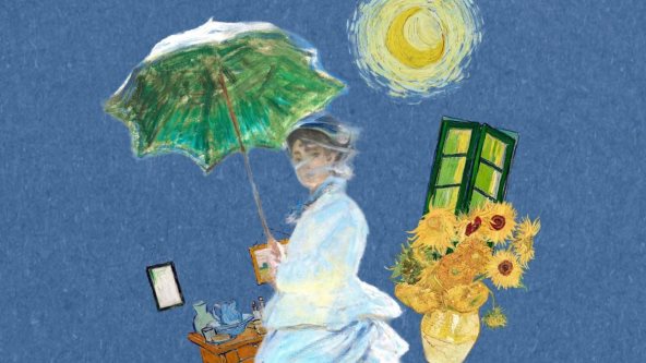 Ilustracija žene koja drži suncobran, Sunca i suncokreta iz Van Gogovih slika.