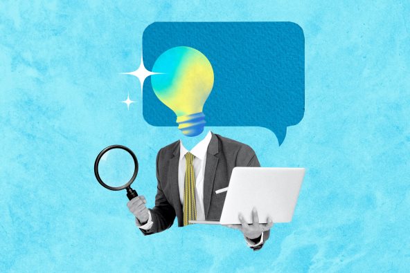 Ilustracija čoveka koji drži lupu i laptop i umesto glave ima sijalicu.