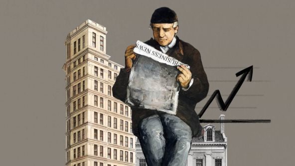 Ilustracija čoveka koji sedi na zgradi i čita novine.