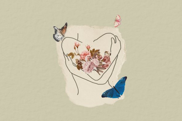 Ilustracija osobe koja samu sebe grli, na njoj je cveće i oko nje su leptiri.