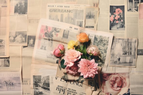 Ilustracija buketa cveća ispod koga stoje naslagani listovi novina.