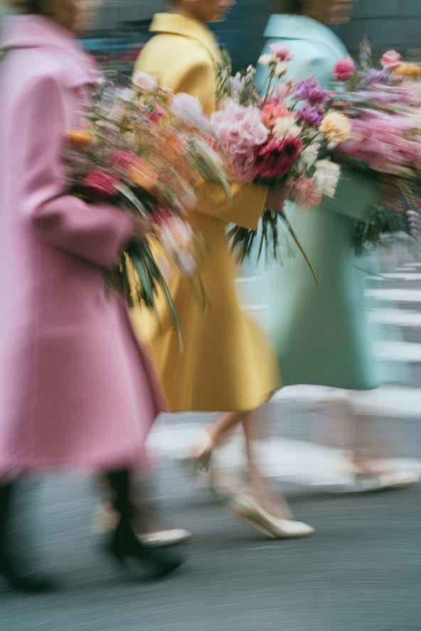 Tri žene nose šarene bukete cveća.