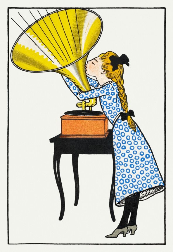 Ilustracija devojčice sa gramofonom.