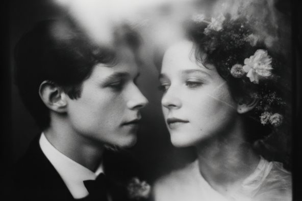 Crno-bela fotografija momka i devojke.