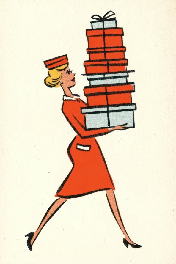 Ilustracija žene koja nosi poklone.